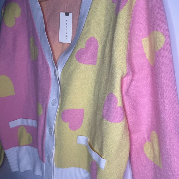English Factory Pink & Yellow Heart-Print V-Neck Cardigan Anthropologie NWT - Picture 2 of 6